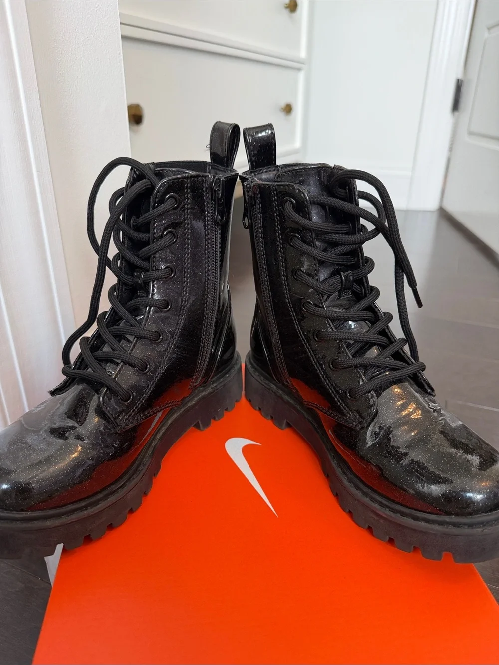 art class Black Patent Lace-Up Combat Boots with Glitter